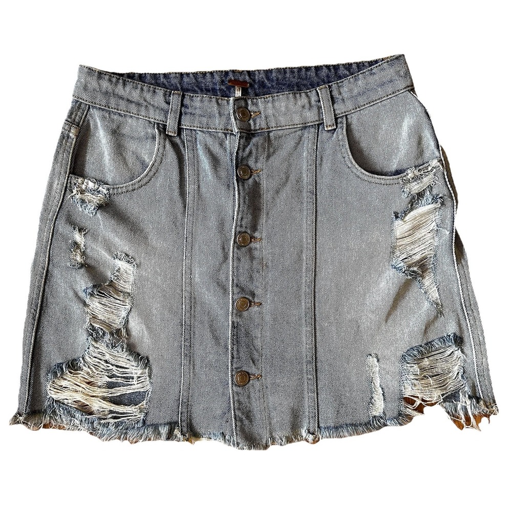 FREE PEOPLE Distressed Button Front Y2K Denim Jean Mini Skirt Women's Size 10